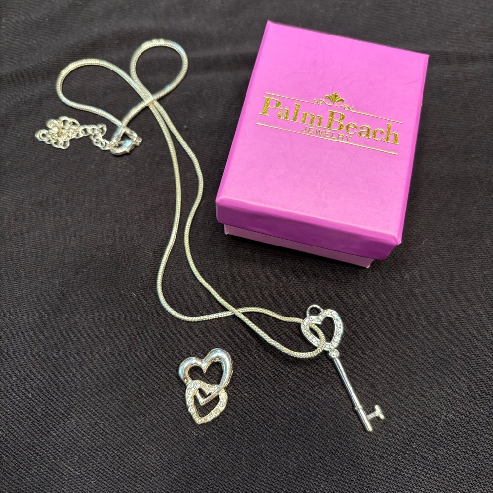 PalmBeach Jewelry SilverHeart Key Pendant plus bonus double heart pendant